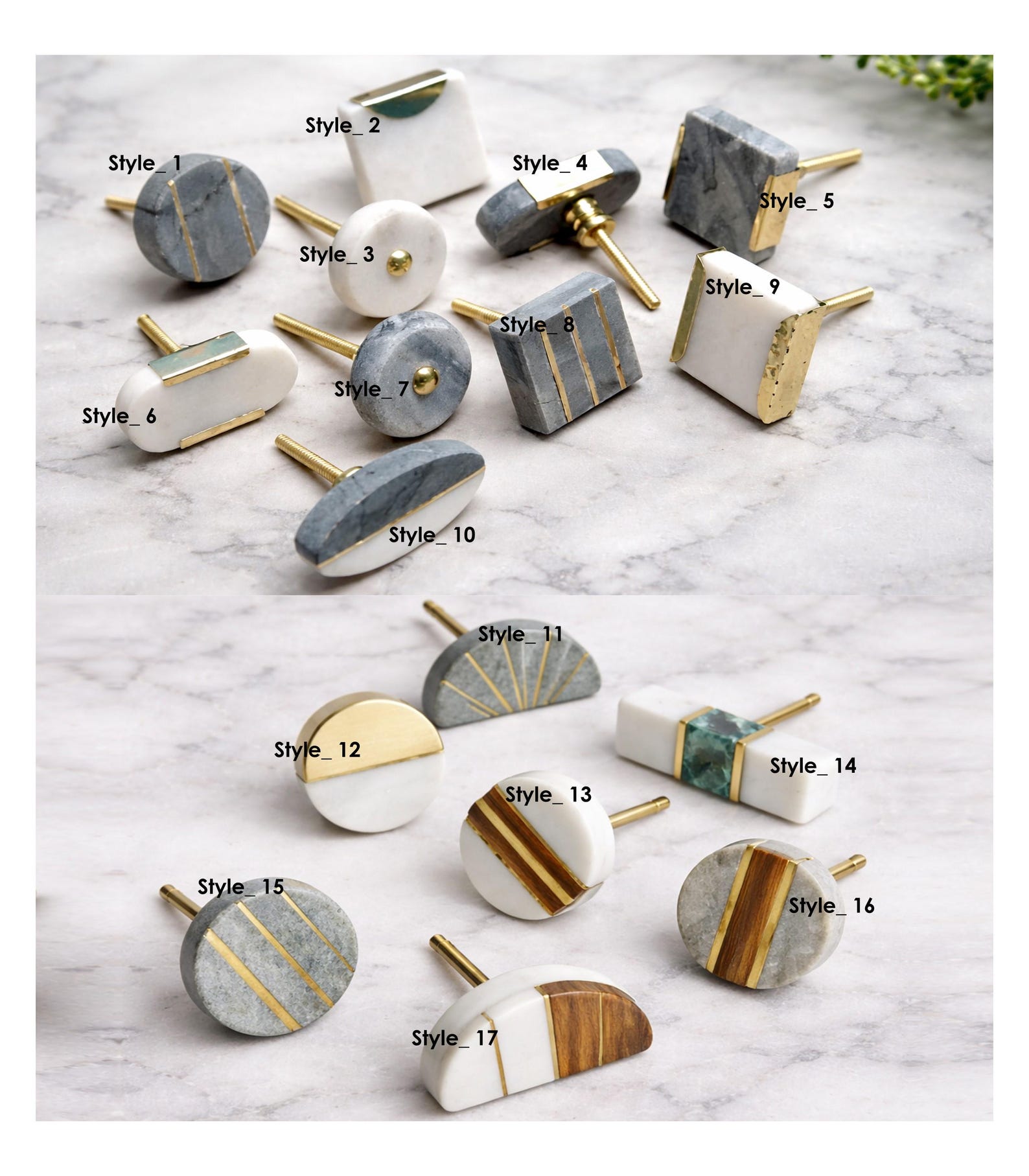 Geometric Marble and Brass Cabinet Knob Modern Drawer Pull
