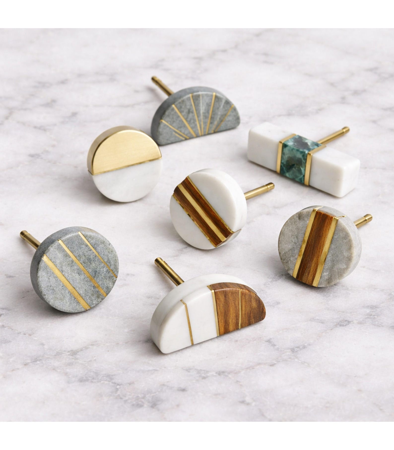 Geometric Marble and Brass Cabinet Knob Modern Drawer Pull