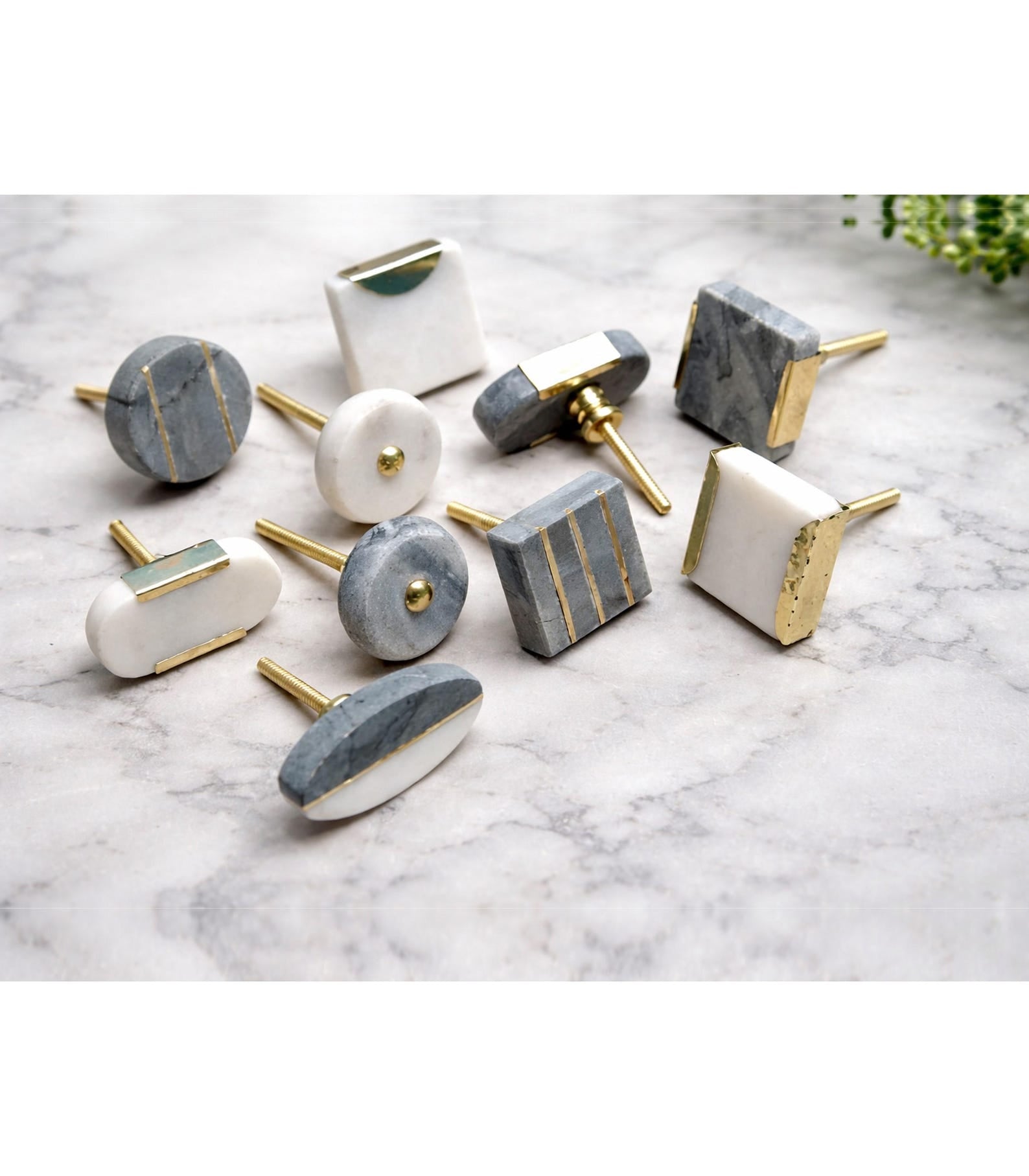 Geometric Marble and Brass Cabinet Knob Modern Drawer Pull