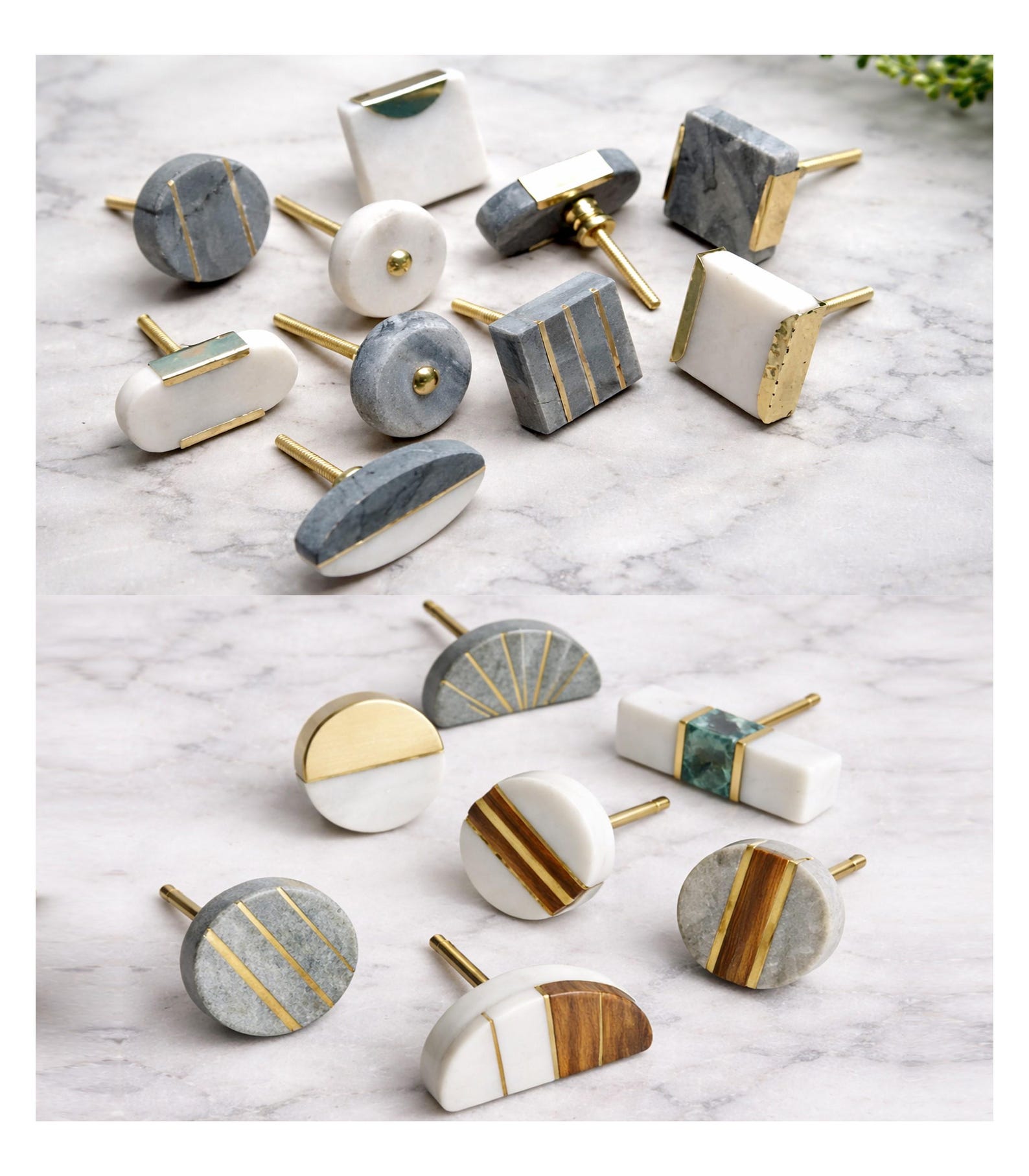 Geometric Marble and Brass Cabinet Knob Modern Drawer Pull