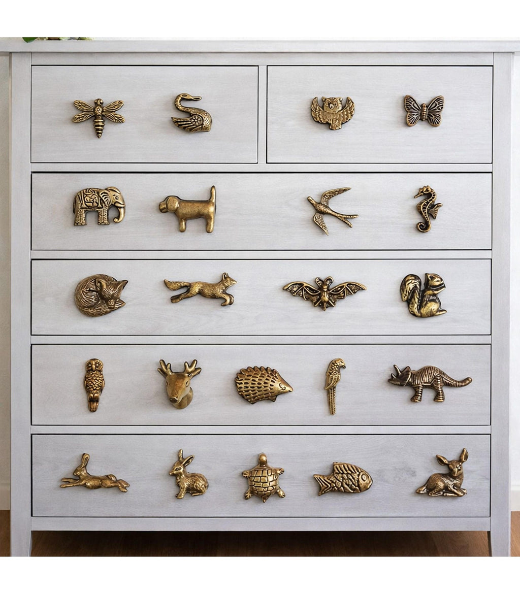 Antique Brass Animal Knobs, Whimsical Drawer Pulls Cabinet Handles